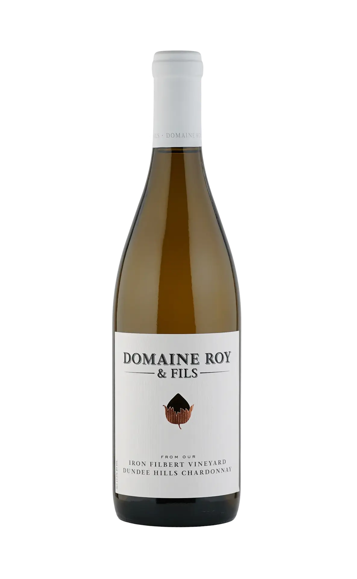 Domaine Roy & Fils white wine bottle with a minimalist label design, featuring a white cap and a logo, showcasing premium quality and elegant branding.
