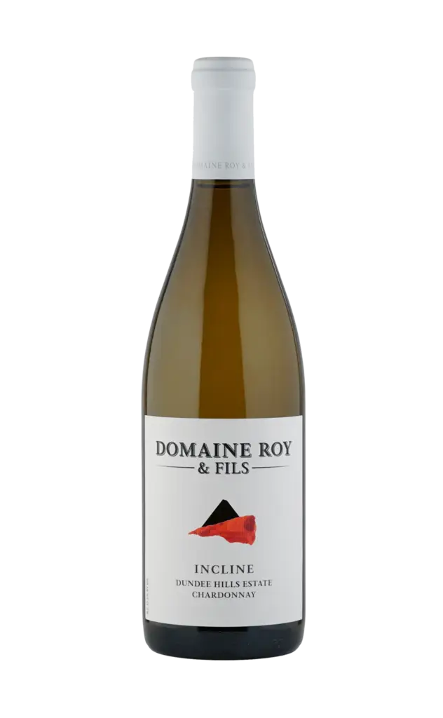 Bottle of Domaine Roy & Fils Incline white wine, featuring a sleek design with a white label and minimalist graphics, showcasing the brand name and a red mountain illustration.