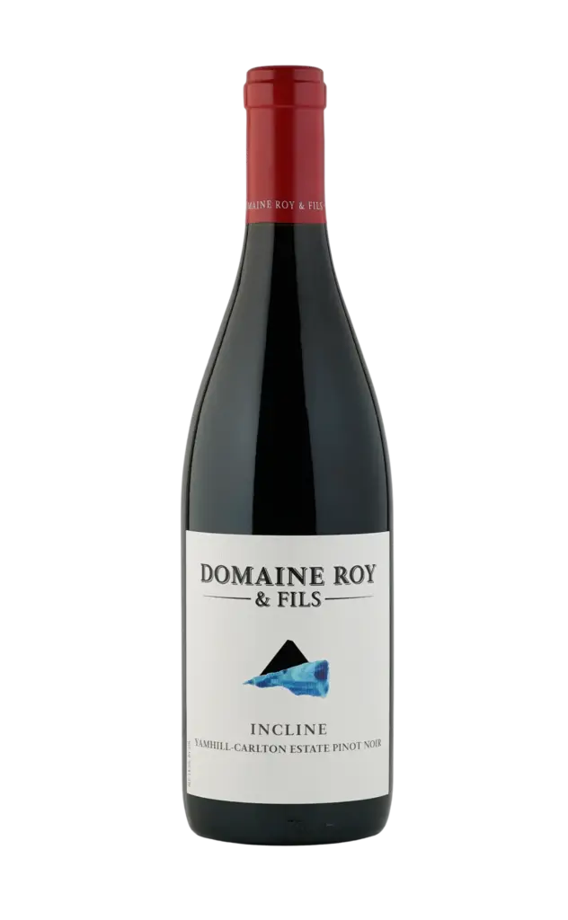 Red wine bottle from Domaine Roy & Fils, featuring a sleek design with a white label and a blue graphic element. Ideal for wine enthusiasts seeking quality selections.