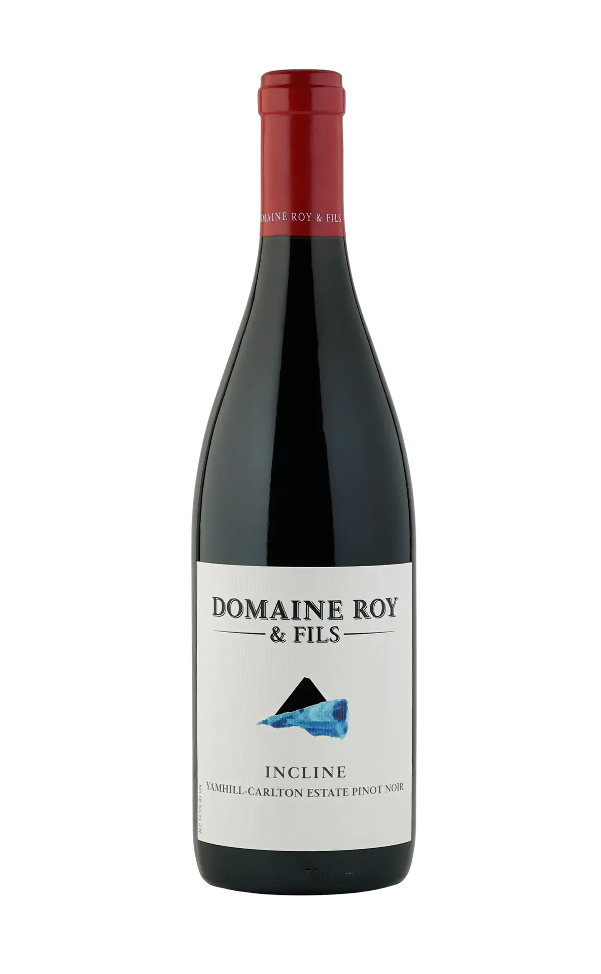 Red wine bottle from Domaine Roy & Fils, featuring a sleek design with a white label and a blue graphic element. Ideal for wine enthusiasts seeking quality selections.